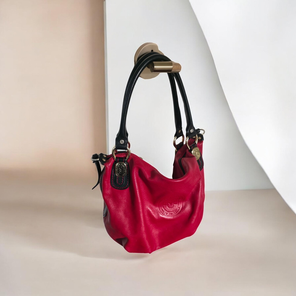 Red Leather Shoulder Bag with Black Handles